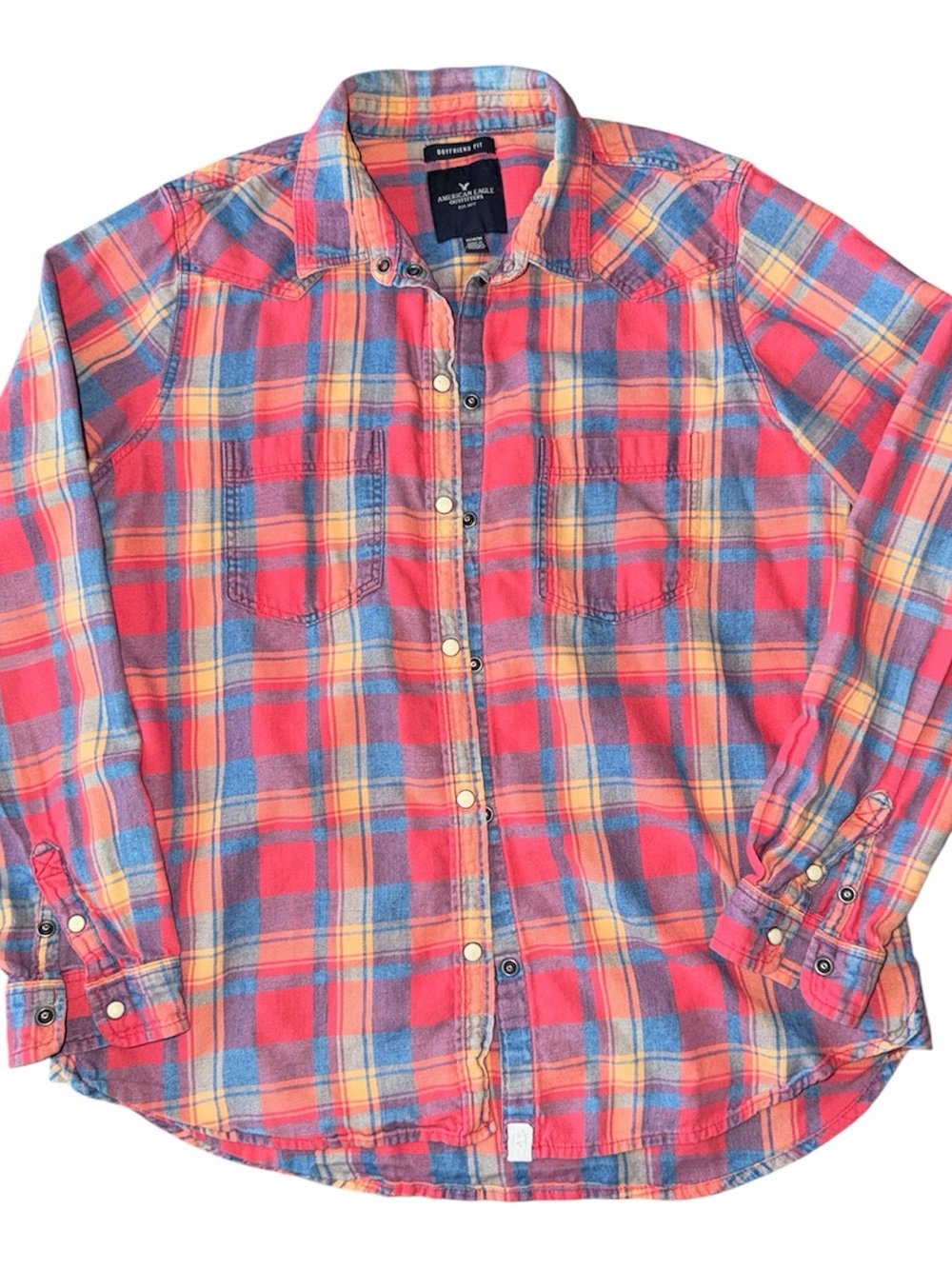 American Eagle Outfitters Coral & Blue Plaid Button-Down Shirt
